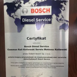 Certyfikat Bosch Diesel Service dla Common Rail Kotlewski Serwis Mateusz Kotlewski, potwierdzający przynależność do międzynarodowej sieci serwisów samochodowych Bosch Service, z podpisami i datą 14...