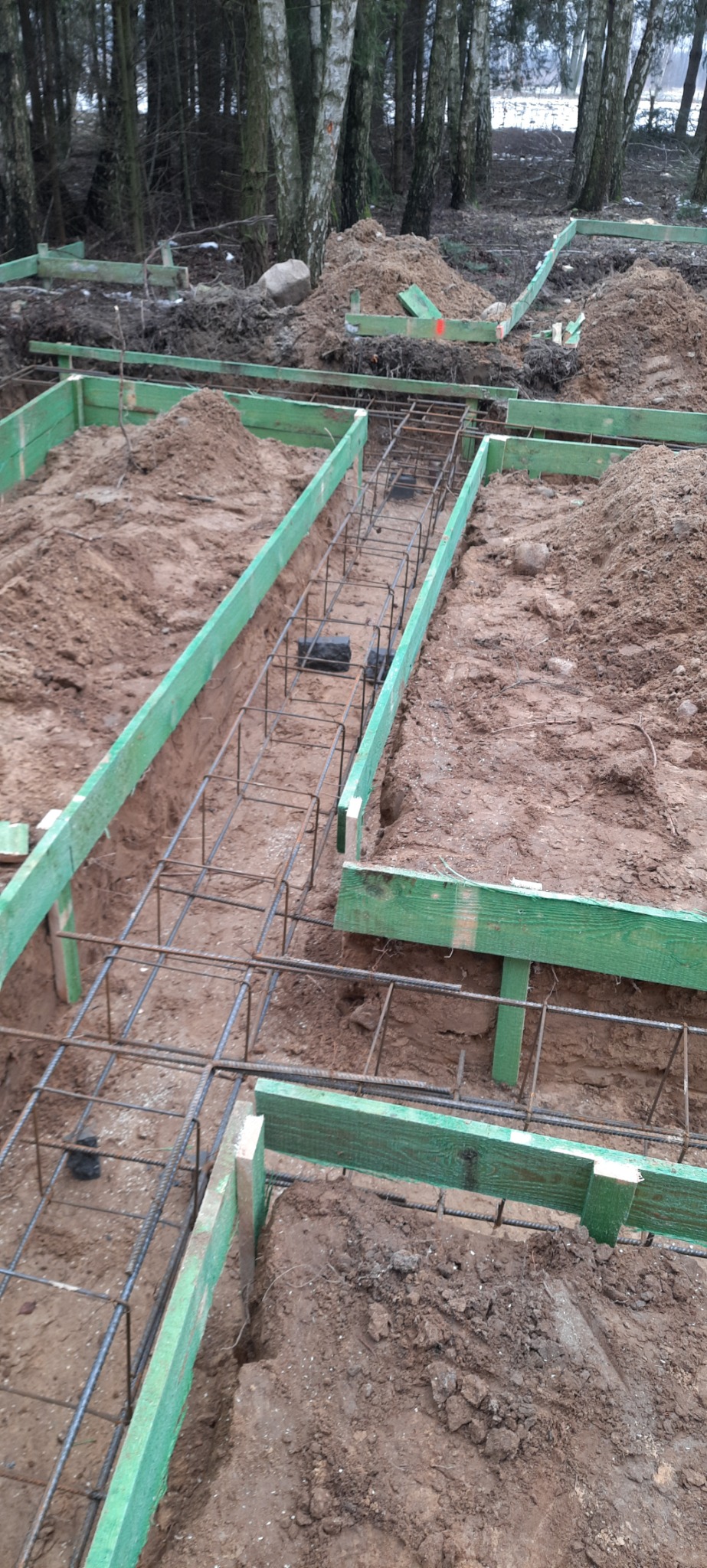 Przygotowanie fundamentów: zbrojenie w szalunkach z zielonych desek na gruncie z widocznymi drzewami w tle.