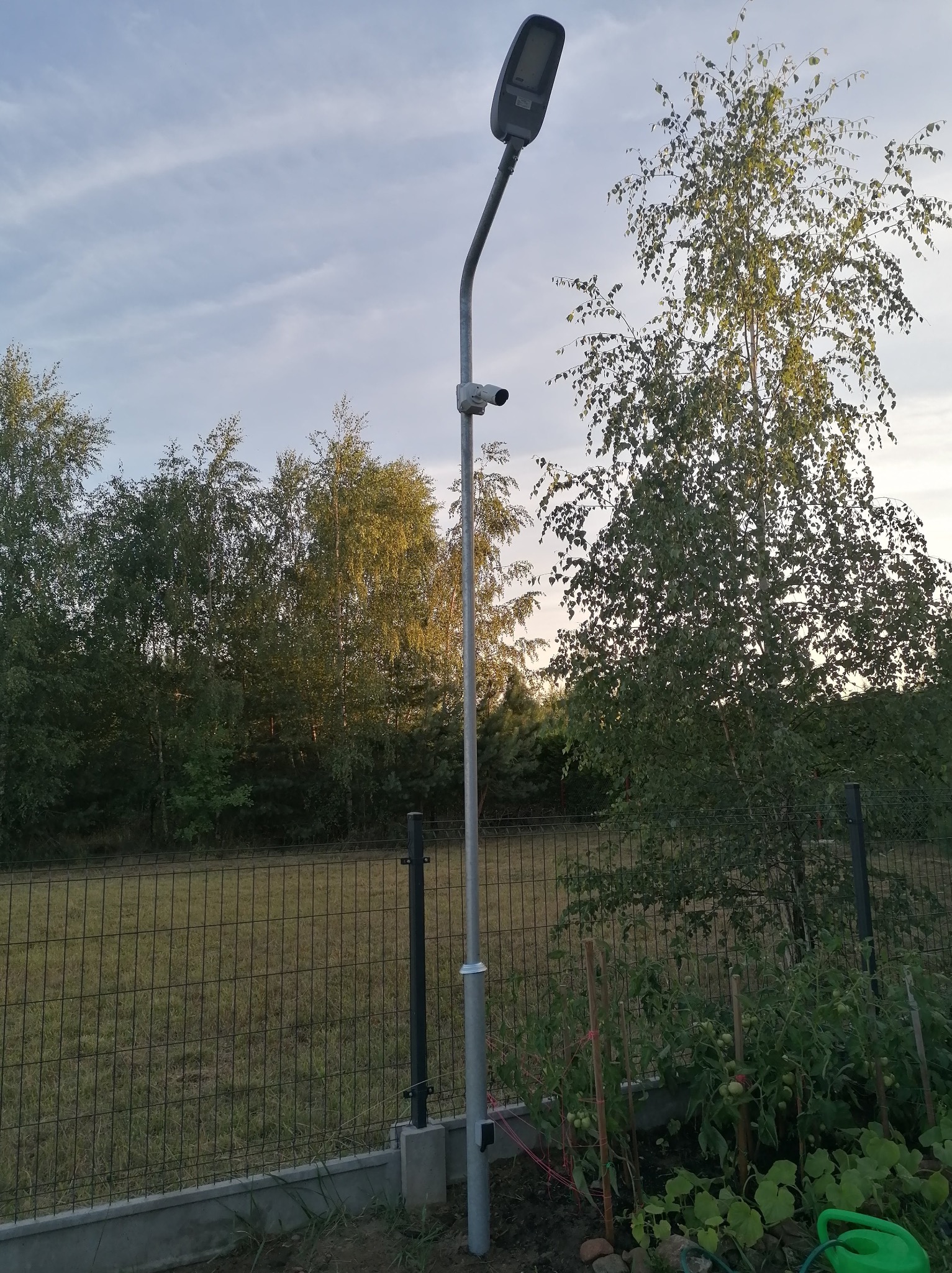 Nowoczesna lampa uliczna LED z zamontowaną kamerą monitoringu, oświetlająca posesję z ogrodem warzywnym za metalową siatką ogrodzeniową.