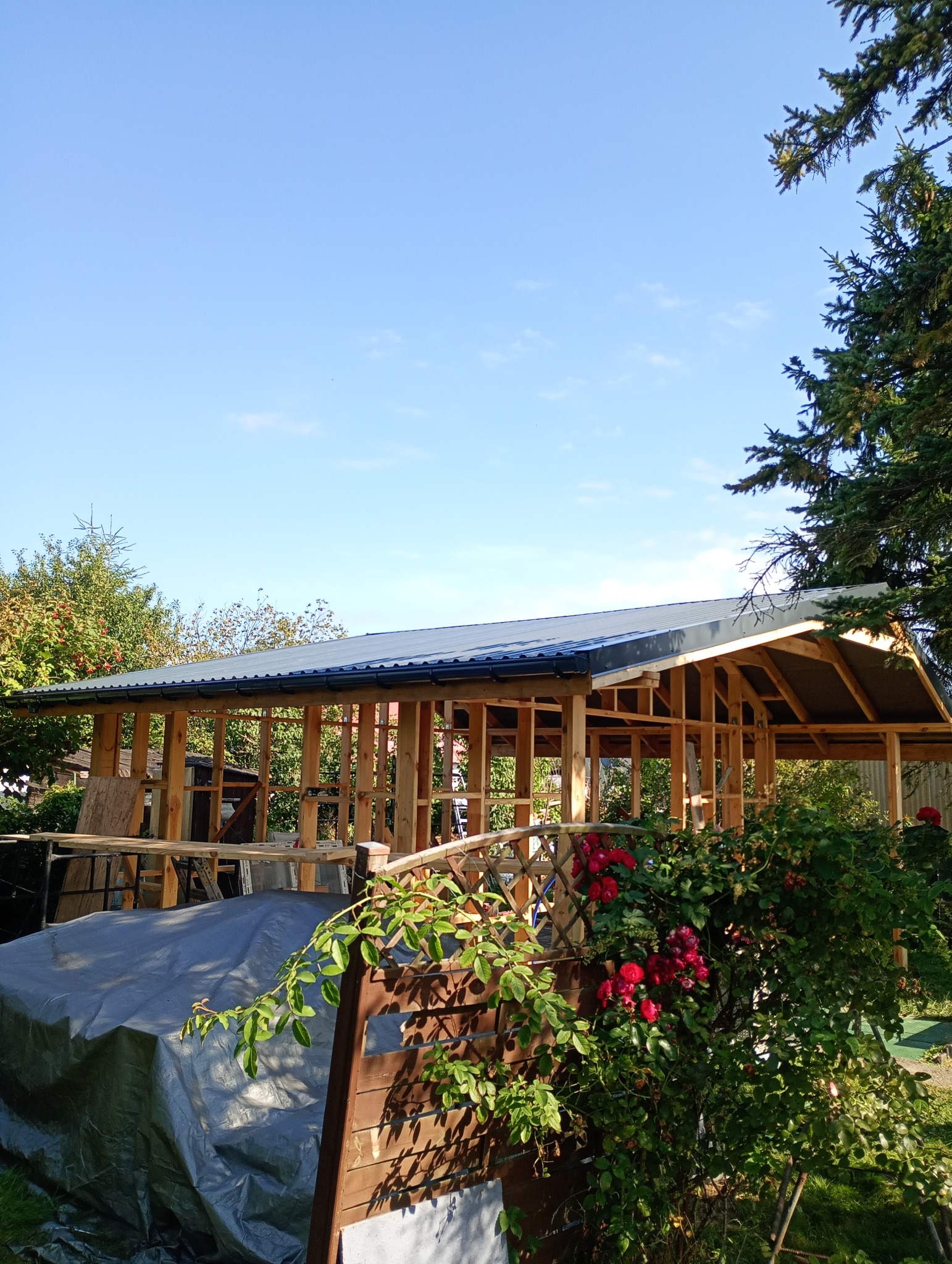 Konstrukcja szkieletowa budynku z drewnianych belek pod błękitnym niebem, widoczna spod drewnianego płotu z różami. Częściowo zadaszona konstrukcja.