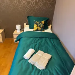 Pokój z pojedynczym łóżkiem, zieloną pościelą, poduszką w liście i ręcznikiem z pledem na łóżku, przy łóżku szafka nocna z lampką, ściana w ornamenty.