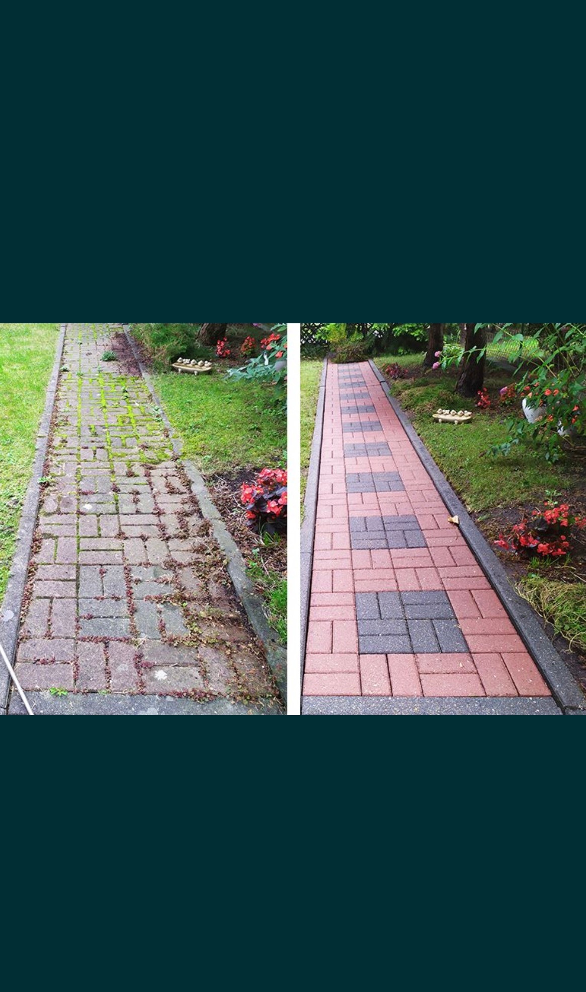 Porównanie stanu chodnika z kostki brukowej przed i po czyszczeniu: zarośnięta, brudna powierzchnia kontra odnowiona, kolorowa ścieżka z czerwono-szarymi kostkami.