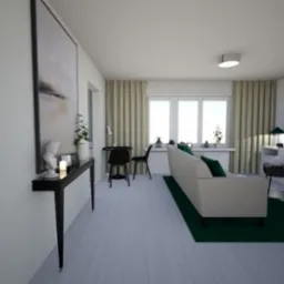 Jasne wnętrze salonu z szarą podłogą, kremową sofą z zielonymi poduszkami, biurkiem z krzesłami przy oknie oraz konsolą z dekoracjami i dużym obrazem na ścianie.