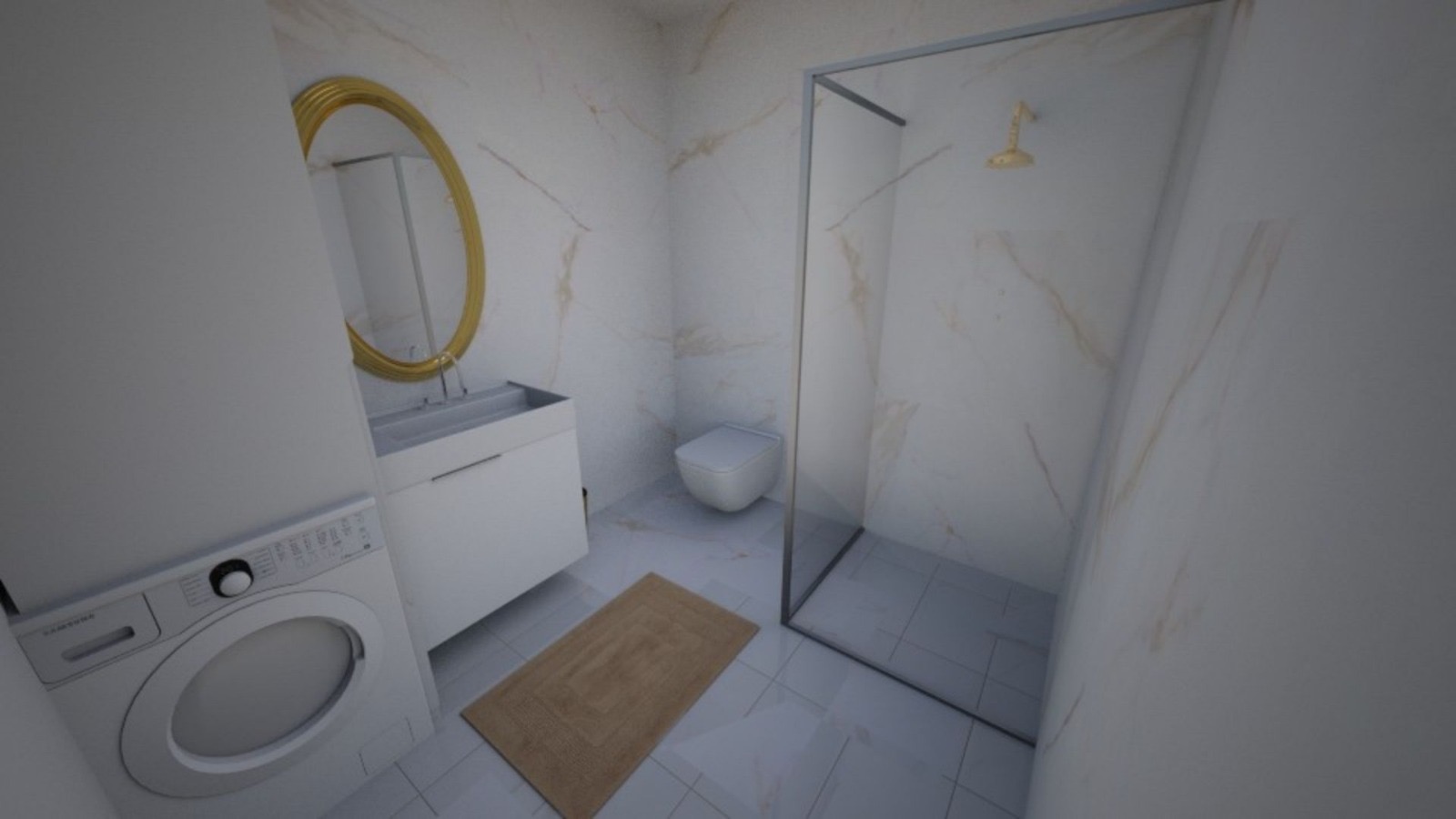 Jasna łazienka z marmurowymi ścianami, kabiną prysznicową ze szklanymi drzwiami, wiszącą toaletą, umywalką z szafką, okrągłym lustrem w złotej ramie i pralką Samsung.