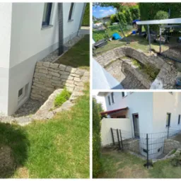 Ogr&oacute;dek skalny przy domu z murem oporowym z kamienia i ogrodzeniem z siatki, widoczne prace ziemne i narzędzia ogrodnicze.