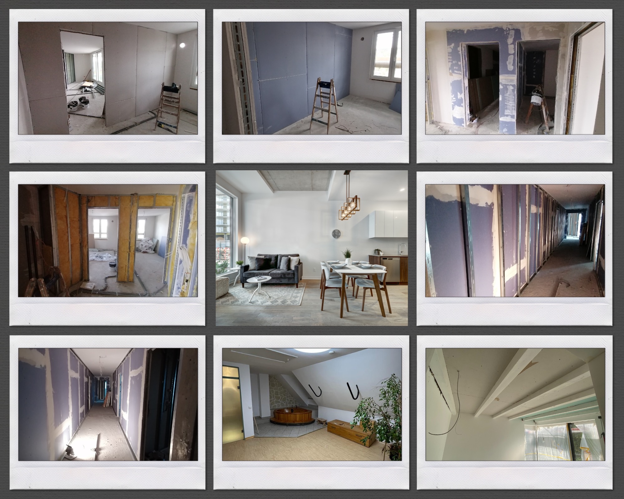 Kolaż zdjęć przedstawiających wnętrza w trakcie prac wykończeniowych: montaż płyt gipsowo-kartonowych, izolacja ścian wełną mineralną, widok na salon po remoncie z meblami i oświetleniem,...