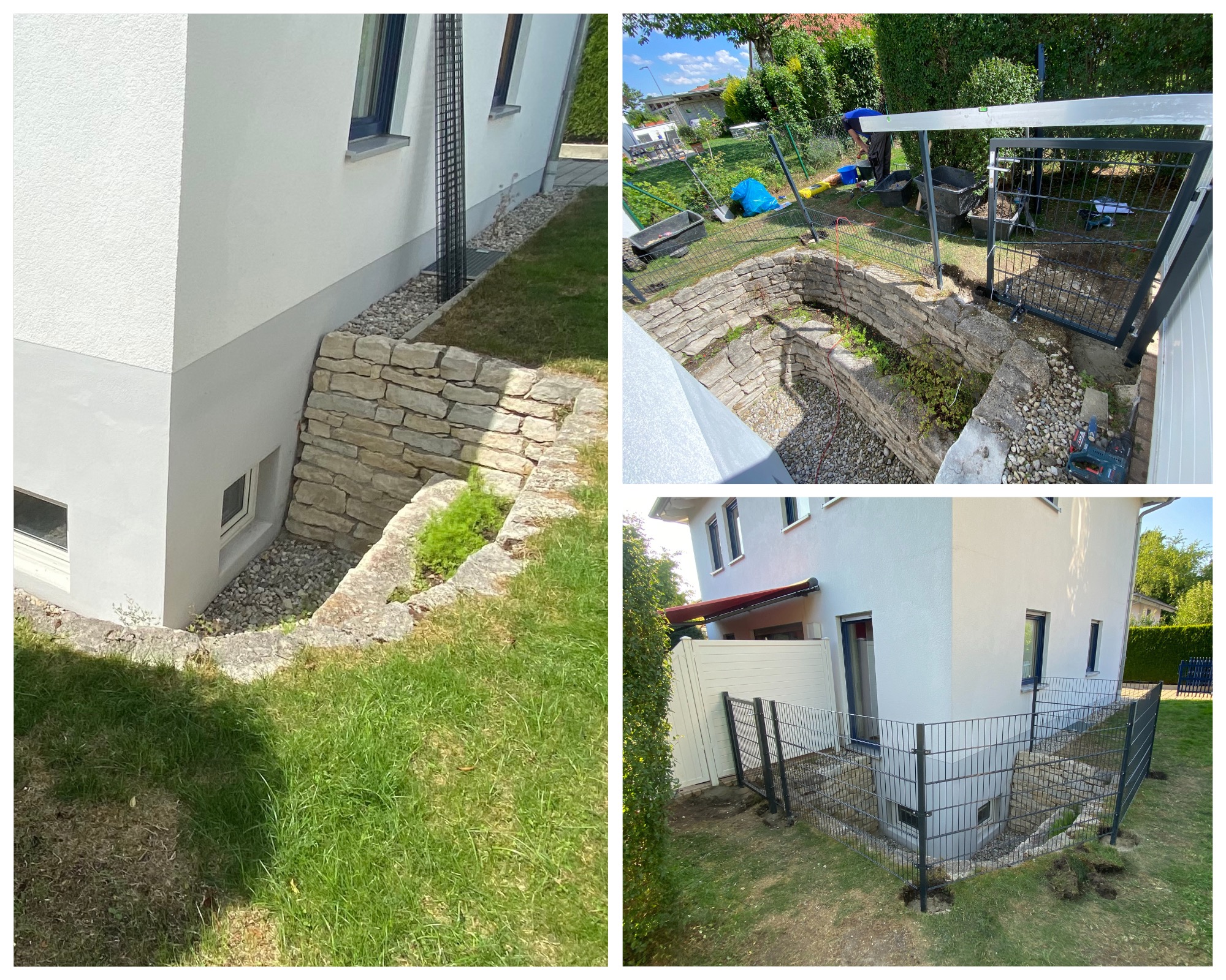 Ogródek skalny przy domu z murem oporowym z kamienia i ogrodzeniem z siatki, widoczne prace ziemne i narzędzia ogrodnicze.