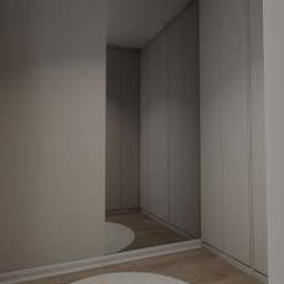 Ruslan Zavialov - Minimalistyczna garderoba z lustrzanymi drzwiami, widok z boku, beżowe ściany i drewniana podłoga, okno z roletami po lewej stronie.