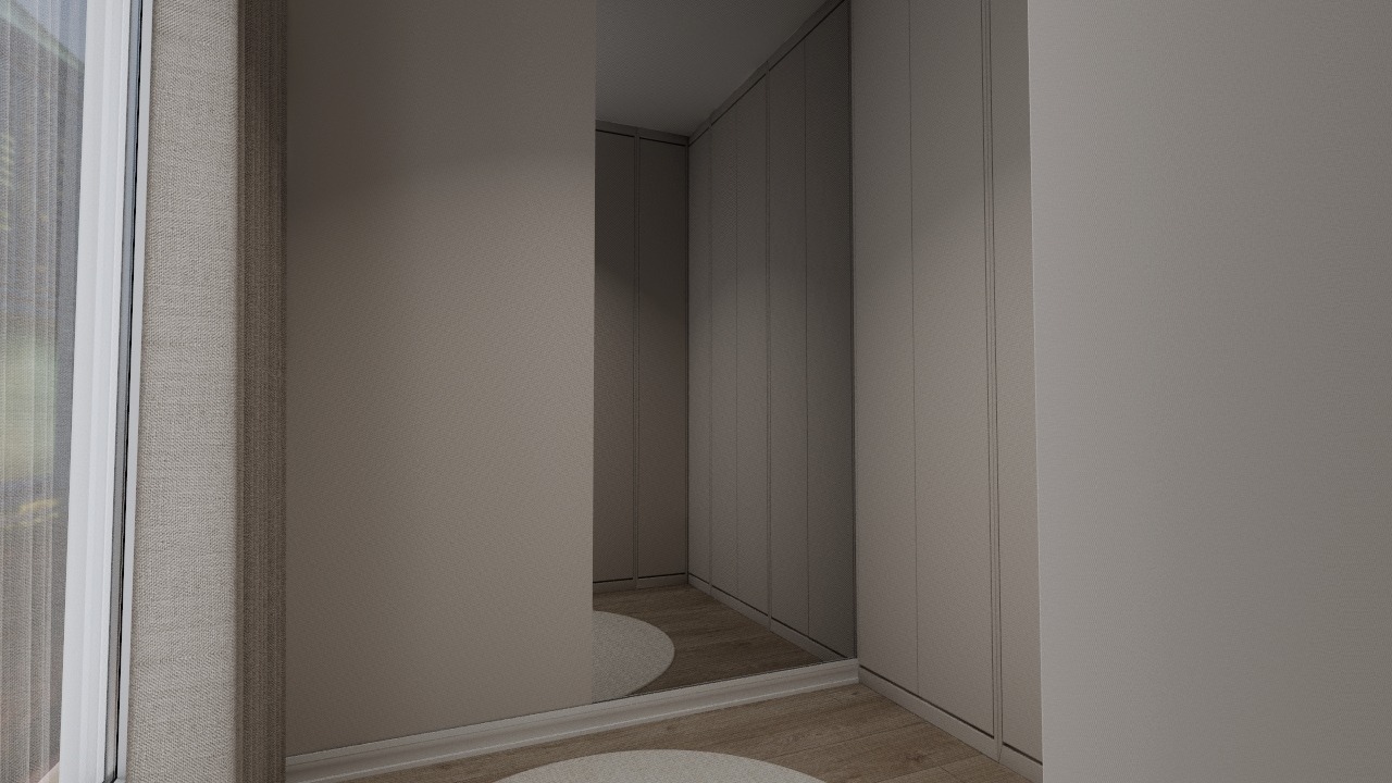 Minimalistyczna garderoba z lustrzanymi drzwiami, widok z boku, beżowe ściany i drewniana podłoga, okno z roletami po lewej stronie.