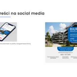 Projekt graficzny posta na Instagramie promującego biuro nieruchomości, z wizualizacją nowoczesnego budynku mieszkalnego i danymi kontaktowymi.