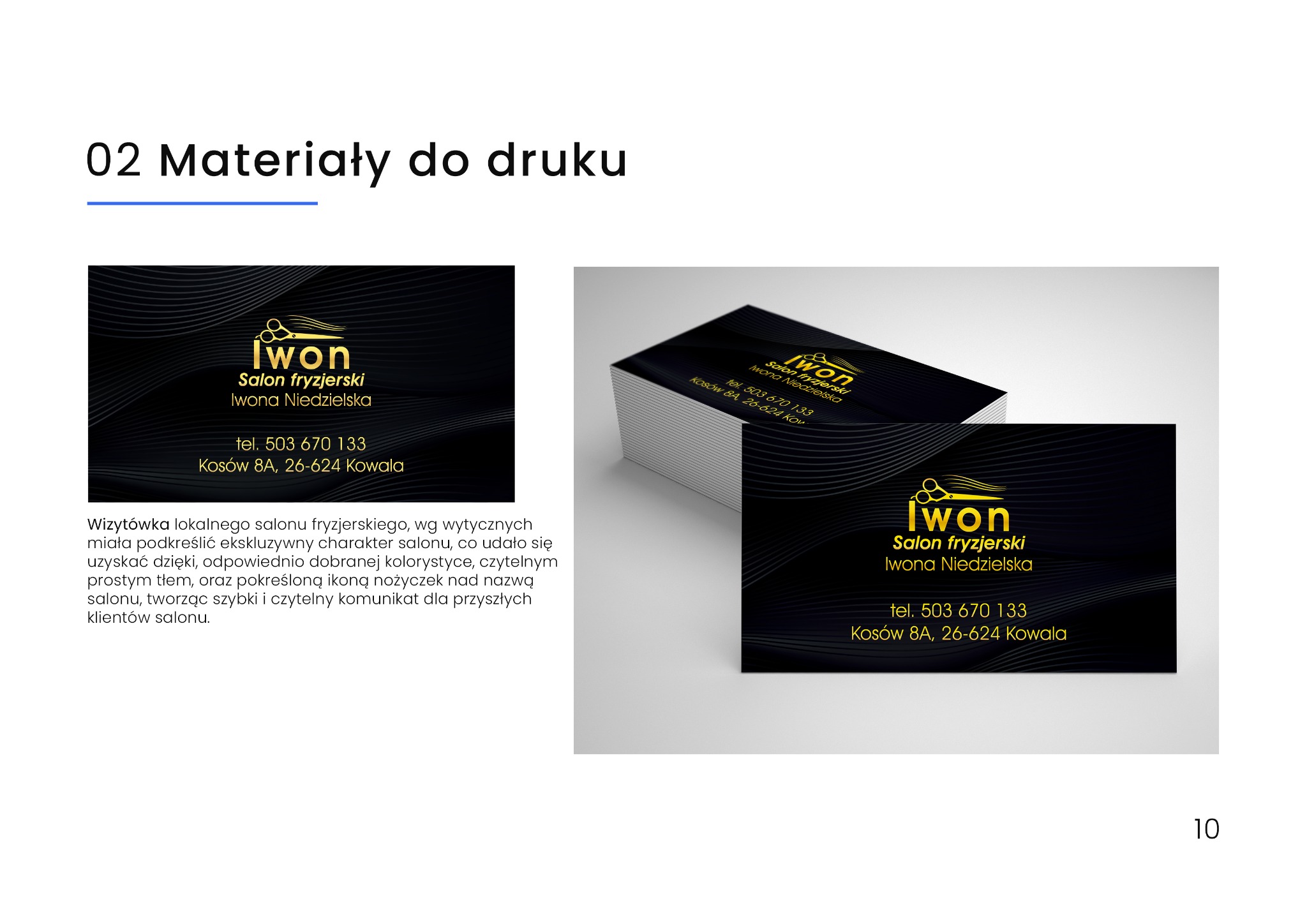 Eleganckie wizytówki salonu fryzjerskiego z logo i danymi kontaktowymi na czarnym tle z subtelnymi złotymi liniami, ułożone w stos.