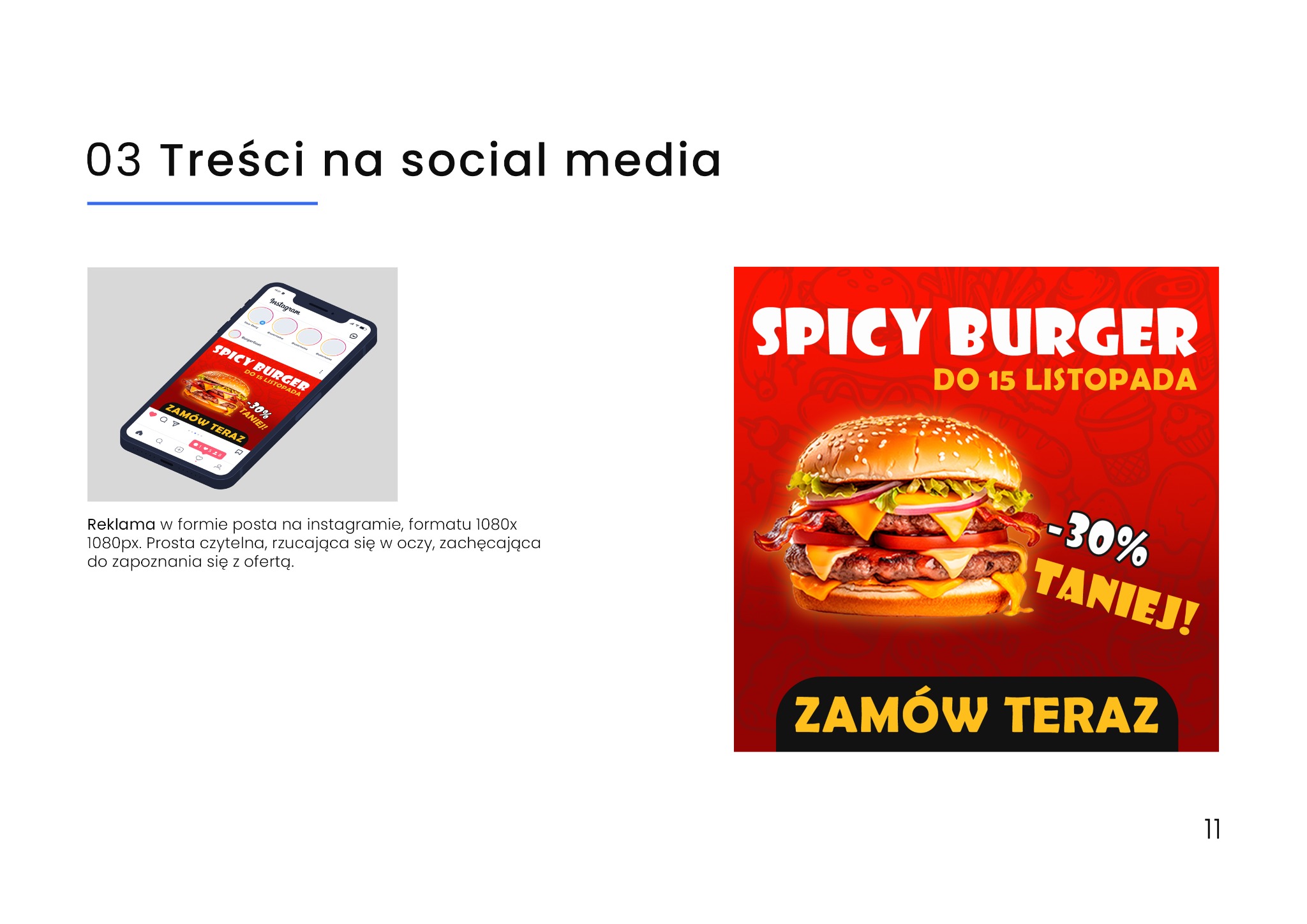 Projekt reklamy burgera na Instagramie, widoczny na ekranie smartfona obok powiększony obraz burgera z napisem '-30% taniej!'
