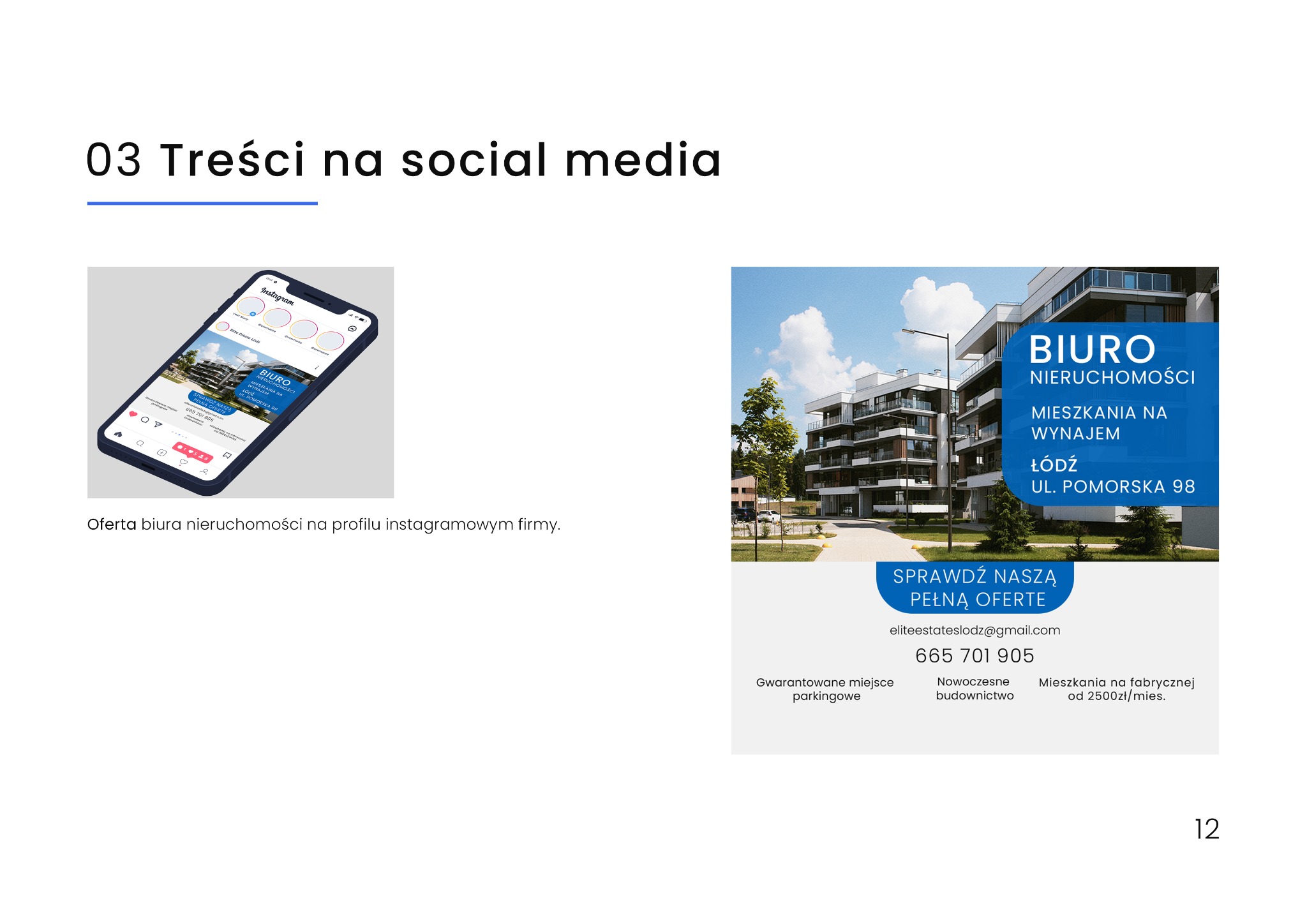 Projekt graficzny posta na Instagramie promującego biuro nieruchomości, z wizualizacją nowoczesnego budynku mieszkalnego i danymi kontaktowymi.