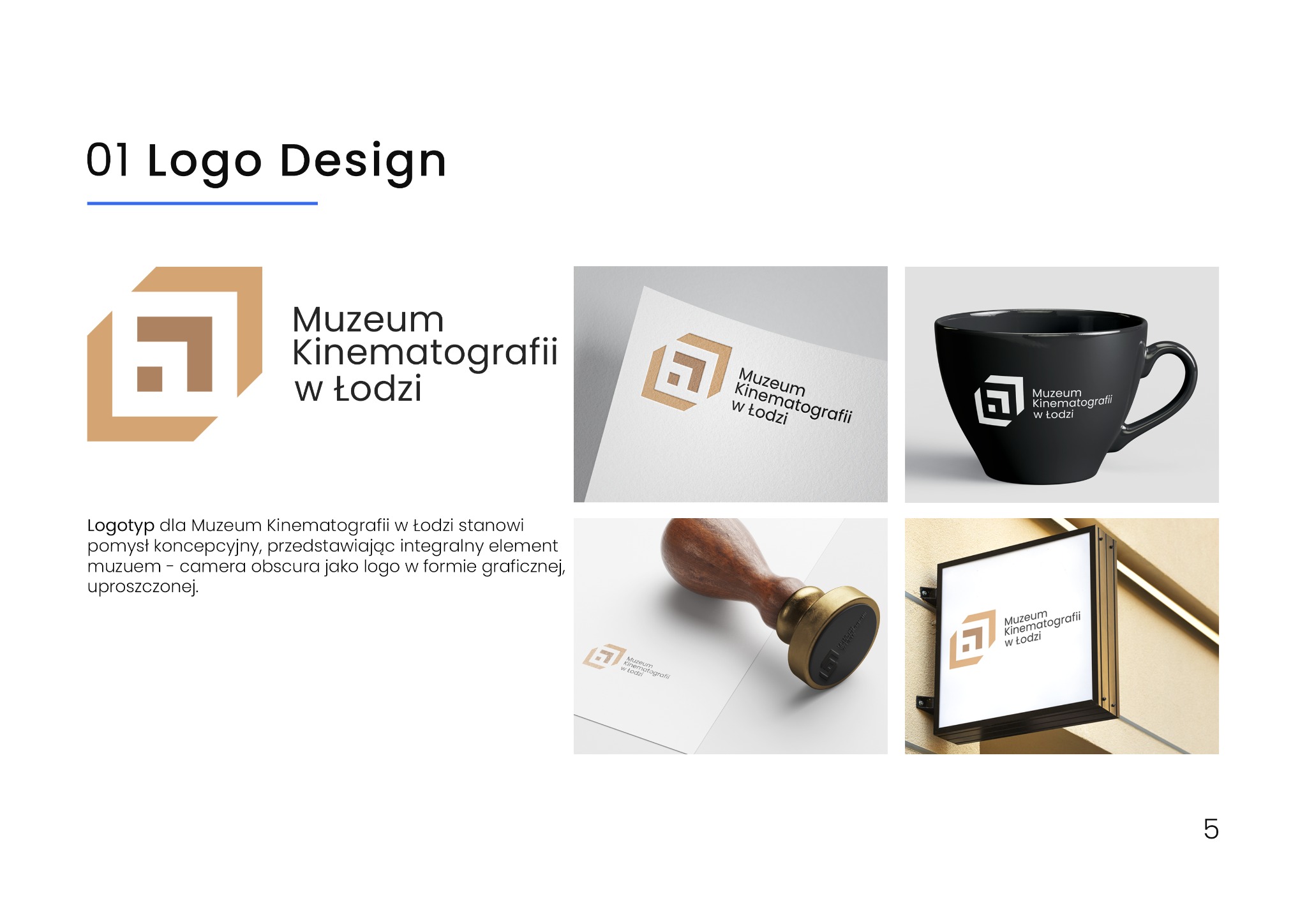 Projekt logo Muzeum Kinematografii w Łodzi na wizytówce, kubku, szyldzie i pieczątce.
