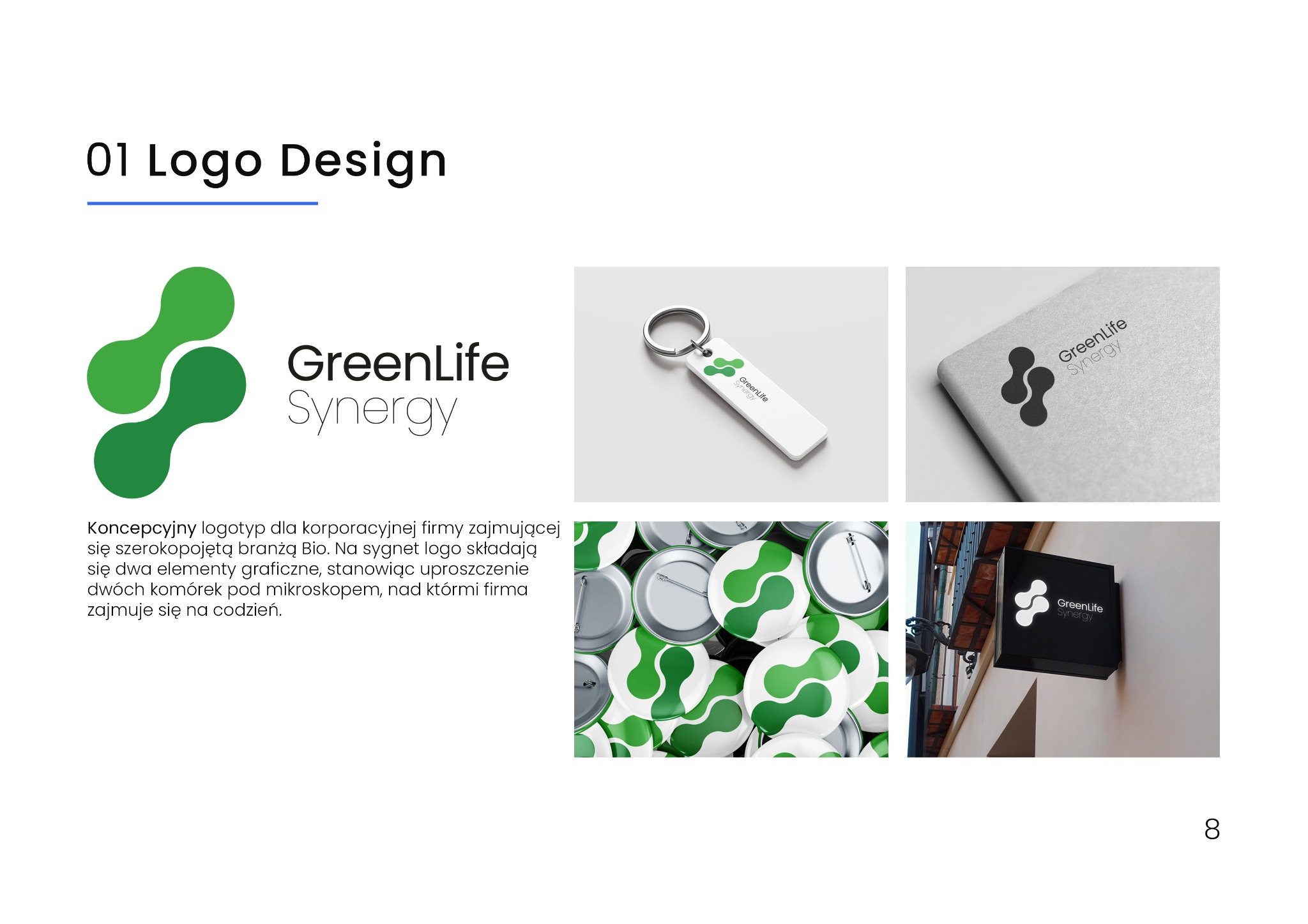 Prezentacja logotypu GreenLife Synergy na różnych nośnikach: wizytówka, brelok, przypinki i szyld zewnętrzny. Koncepcja logo oparta na uproszczonym schemacie dwóch komórek pod mikroskopem.