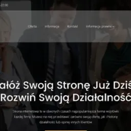 Strona internetowa firmy z zakładkami Oferta, Informacje, Kontakt i Moje Konto, z hasłem 'Załóż swoją stronę już dziś i rozwiń swoją działalność' na tle zespołu biznesowego.