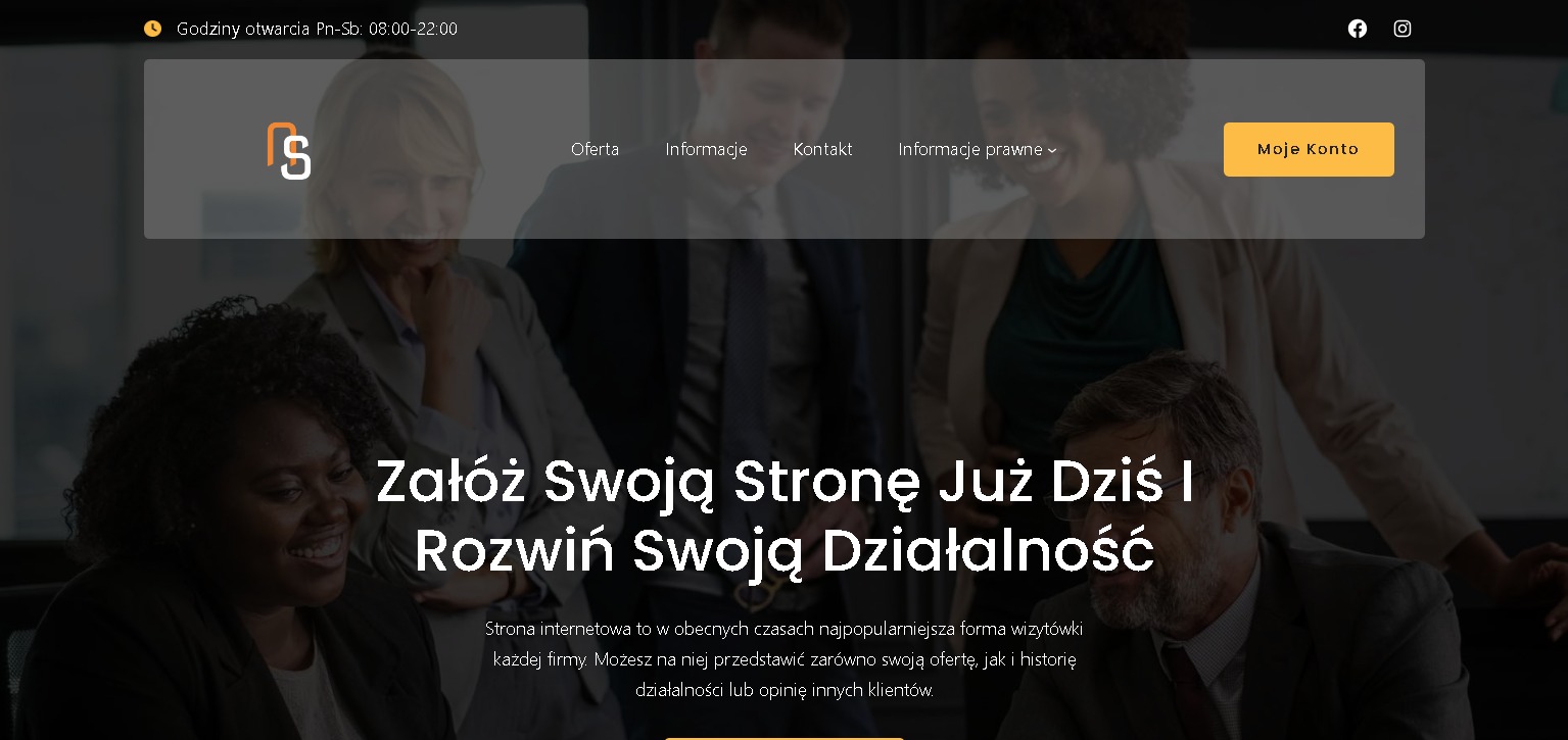 Strona internetowa firmy z zakładkami Oferta, Informacje, Kontakt i Moje Konto, z hasłem 'Załóż swoją stronę już dziś i rozwiń swoją działalność' na tle zespołu biznesowego.