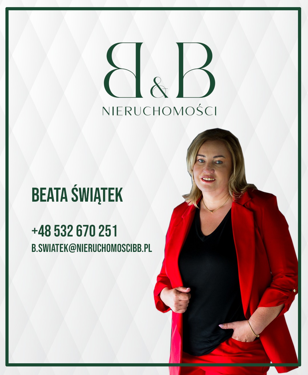 Portret kobiety w czerwonym kostiumie na tle logo firmy B&B Nieruchomości, z danymi kontaktowymi Beaty Świątek.