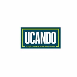 Logo firmy UCANDO, oferującej części samochodowe online, w ramce w kolorze niebieskim i żółtym na białym tle.