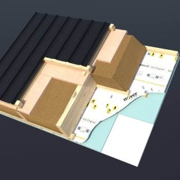 Ruslan Sidletskyi Group - Przekrój dachu z widoczną izolacją, folią i drewnianą konstrukcją, prezentujący etapy prac dekarskich z użyciem materiałów izolacyjnych Isover.