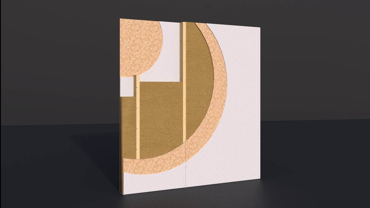 Przekrój ściany szkieletowej z widoczną konstrukcją drewnianą, izolacją z wełny mineralnej i płytą gipsowo-kartonową. Układ warstw w kształcie półkola i ćwiartki koła.