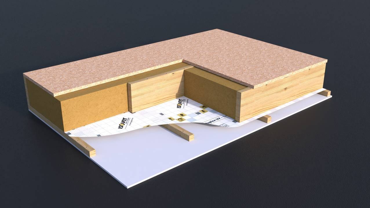 Przekrój ściany szkieletowej z izolacją Isover, folią paroizolacyjną i drewnianą konstrukcją. Widoczne warstwy materiałów i elementy mocujące na ciemnym tle.