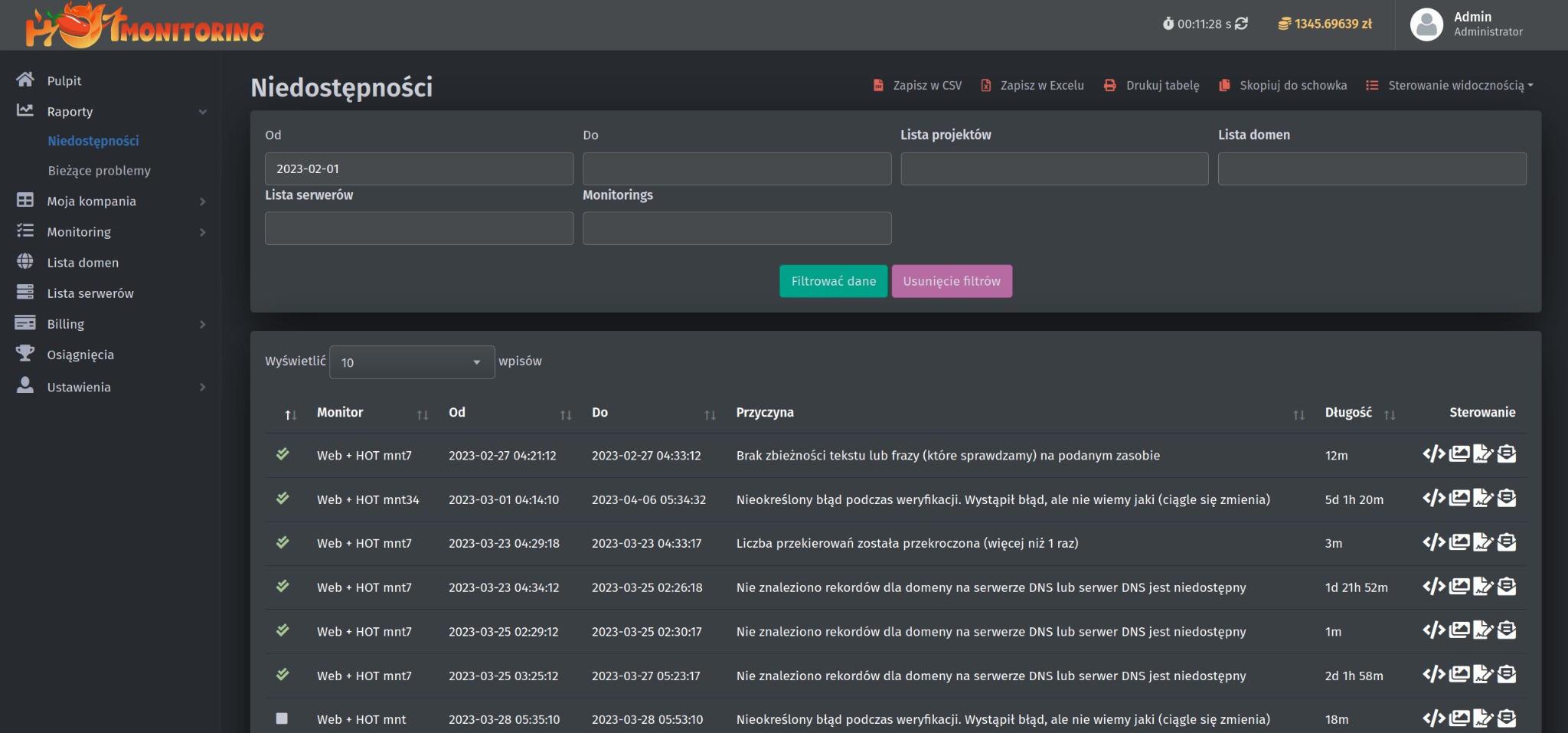 Panel administracyjny monitoringu niedostępności stron internetowych z listą serwerów, datami i przyczynami błędów DNS.