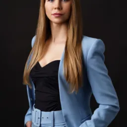 Portret kobiety w błękitnym garniturze na ciemnym tle, z rękami w kieszeniach i wyrazistym spojrzeniem.