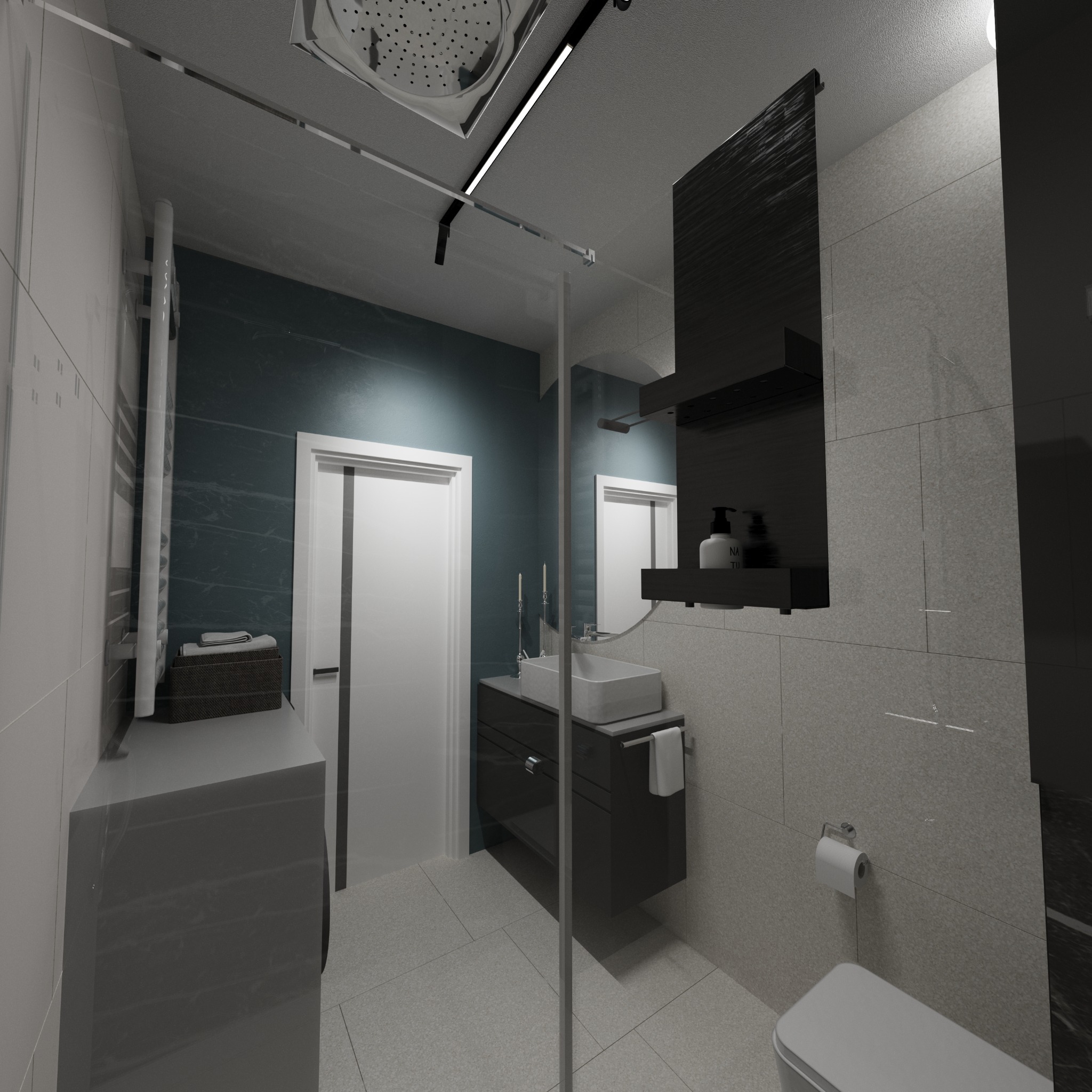 Nowoczesna łazienka z kabiną prysznicową typu walk-in, umywalką nablatową na szafce w kolorze grafitowym i szaro-białymi płytkami. Minimalistyczny design, oświetlenie LED.