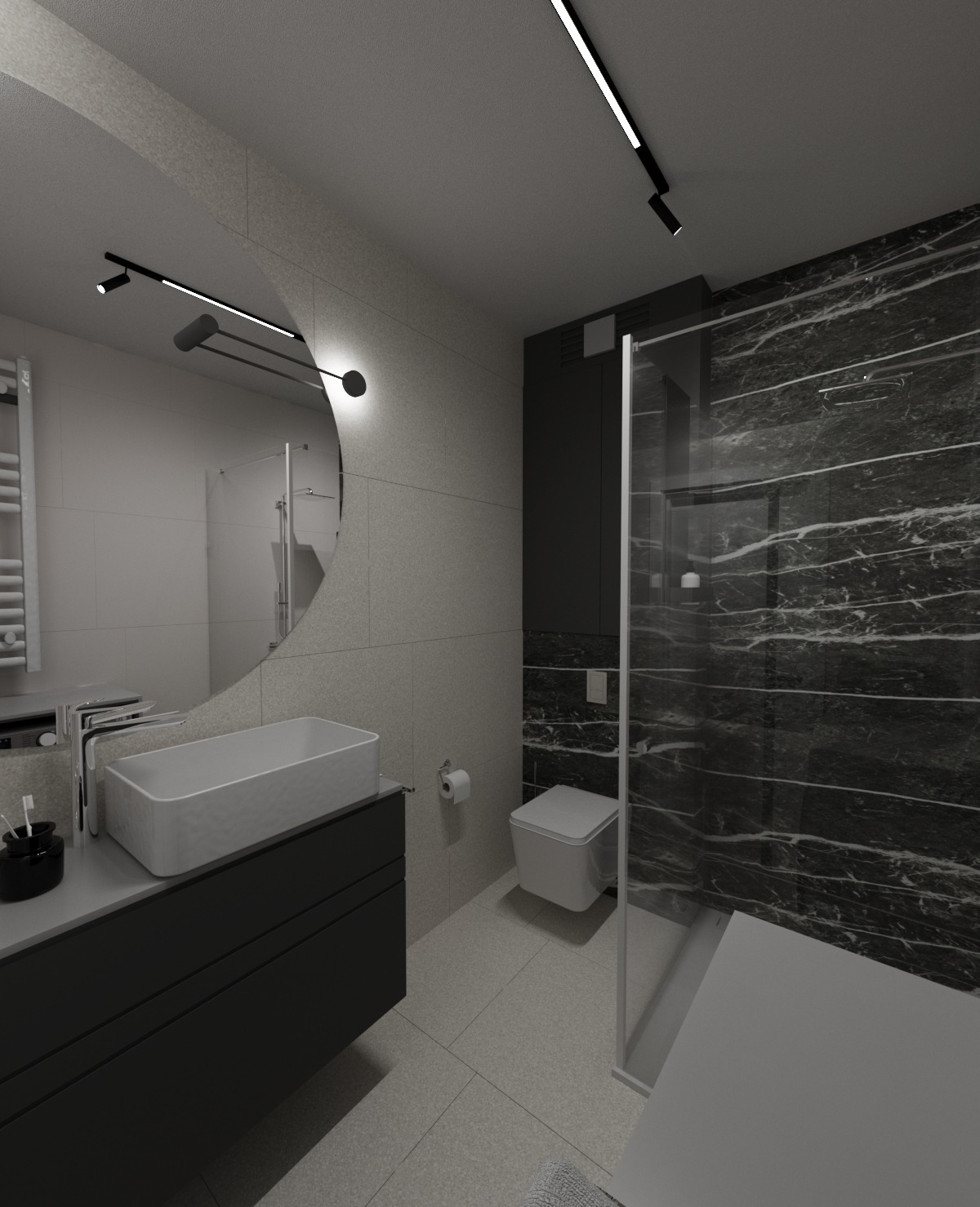 Nowoczesna łazienka z umywalką nablatową, minimalistyczną toaletą i kabiną prysznicową z czarnymi płytkami imitującymi marmur. Oświetlenie punktowe LED.