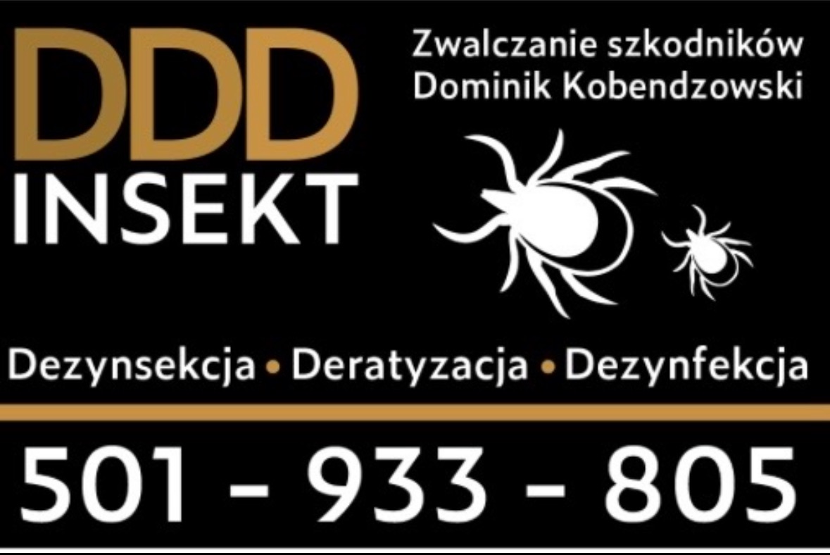 Grafika DDD Insekt: zwalczanie szkodników, dezynsekcja, deratyzacja, dezynfekcja. Kontakt: 501-933-805. Białe grafiki kleszczy na czarnym tle.