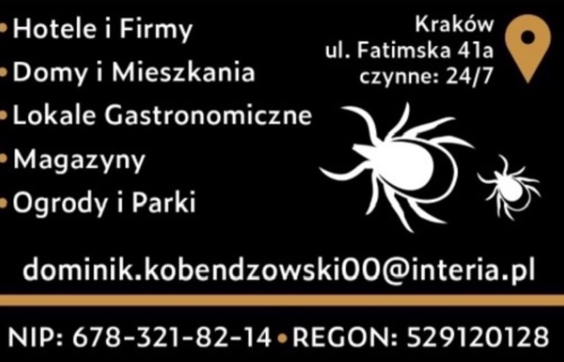 Grafika z ofertą usług: hotele, domy, gastronomia, magazyny, ogrody, Kraków, ul. Fatimska 41a, czynne 24/7, dominik.kobendzowski00@interia.pl, NIP, REGON, grafika kleszcza.
