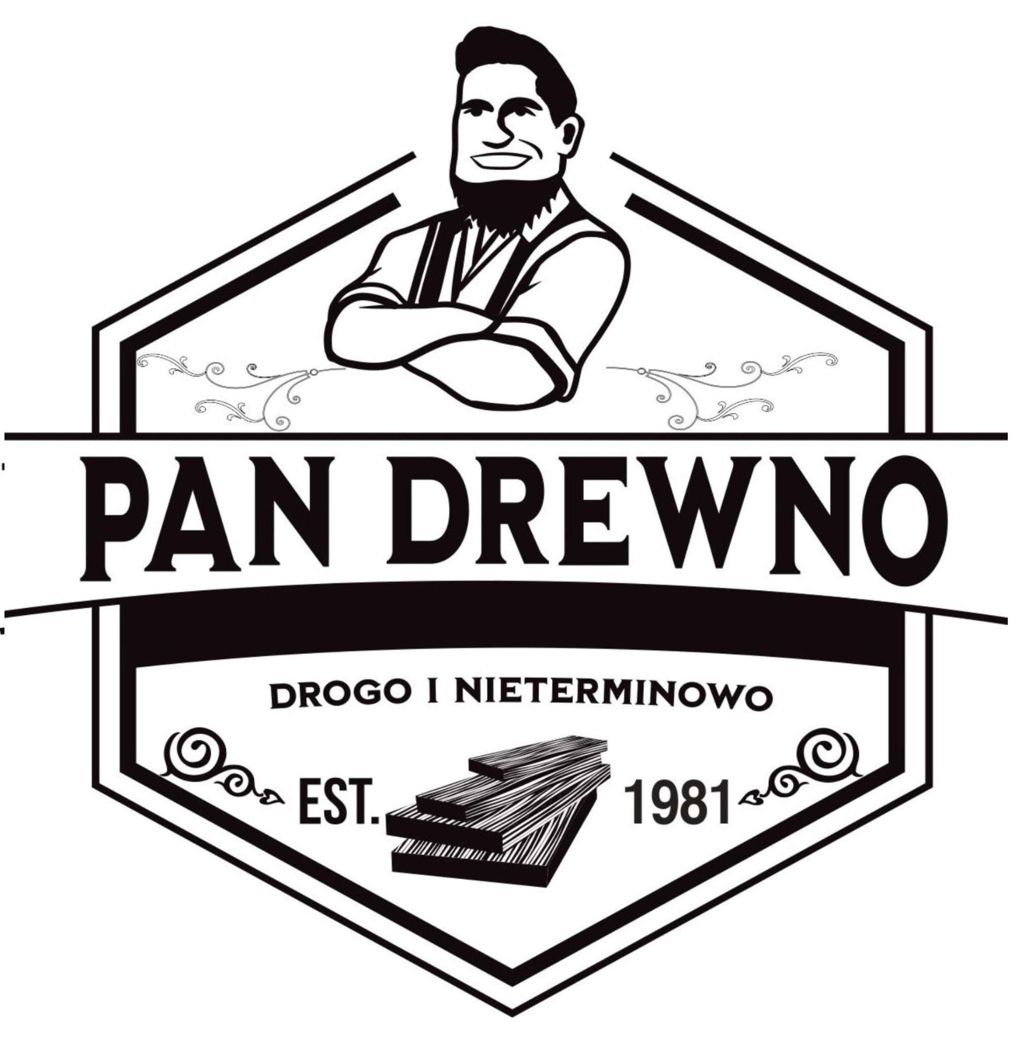 Logo firmy 'Pan Drewno' w czarno-białej grafice, przedstawiające uśmiechniętego mężczyznę z brodą, skrzyżowanymi rękami, nad napisem 'PAN DREWNO', pod którym znajduje się hasło 'DROGO...