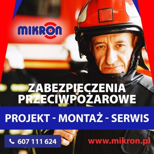 Portret strażaka w hełmie, z logo firmy Mikron i napisem 'Zabezpieczenia Przeciwpożarowe. Projekt - Montaż - Serwis', numerem telefonu i adresem strony internetowej na tle wozu strażackiego.