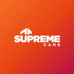Logo firmy Supreme Care na pomarańczowo-czerwonym tle gradientowym.