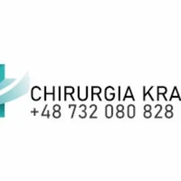 Logo firmy Chirurgia Kraków z numerem telefonu +48 732 080 828 i graficznym symbolem krzyża z niebieskimi elementami.