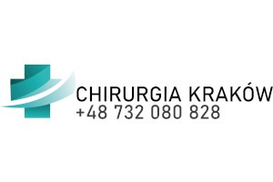 Logo firmy Chirurgia Kraków z numerem telefonu +48 732 080 828 i graficznym symbolem krzyża z niebieskimi elementami.