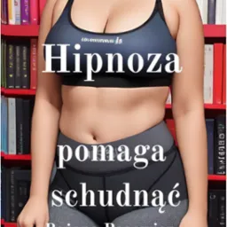 Fragment okładki książki o hipnozie, z widocznym fragmentem sylwetki kobiety w sportowym stroju na tle regału z książkami.