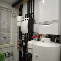 Wnętrze kotłowni z zamontowanym kotłem gazowym Vaillant, zasobnikiem ciepłej wody Aquastic, licznymi rurami w izolacji termicznej oraz grzejnikiem żeberkowym pod oknem.