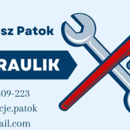 Wizytówka hydraulika: imię Mariusz Patok, numer telefonu, adres e-mail i grafika skrzyżowanych kluczy francuskich, jeden czerwony.