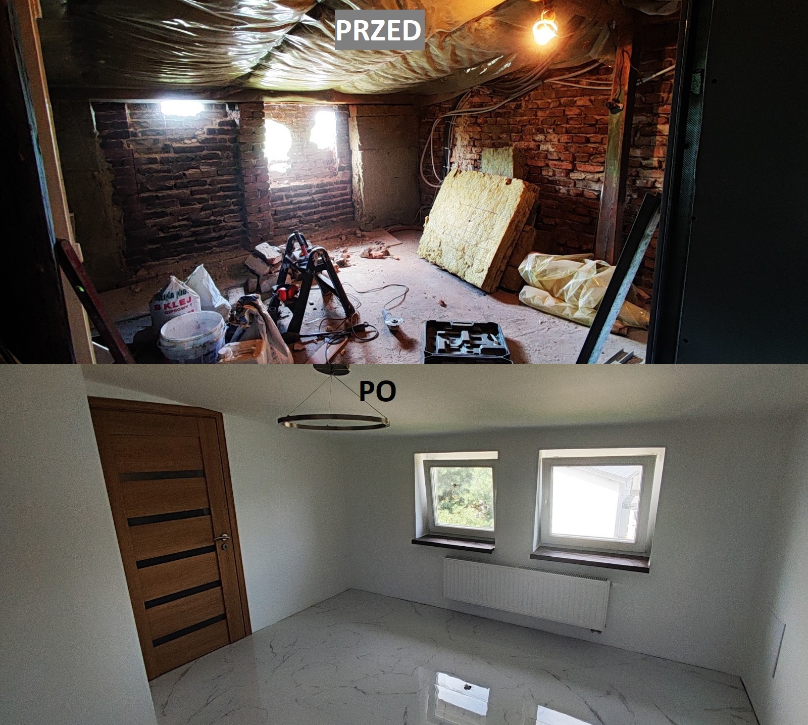 Porównanie stanu pomieszczenia przed i po: surowe cegły, izolacja i bałagan przed pracami, a następnie białe ściany, marmurowe płytki podłogowe, drewniane okna i drzwi oraz nowoczesne oświetlenie.
