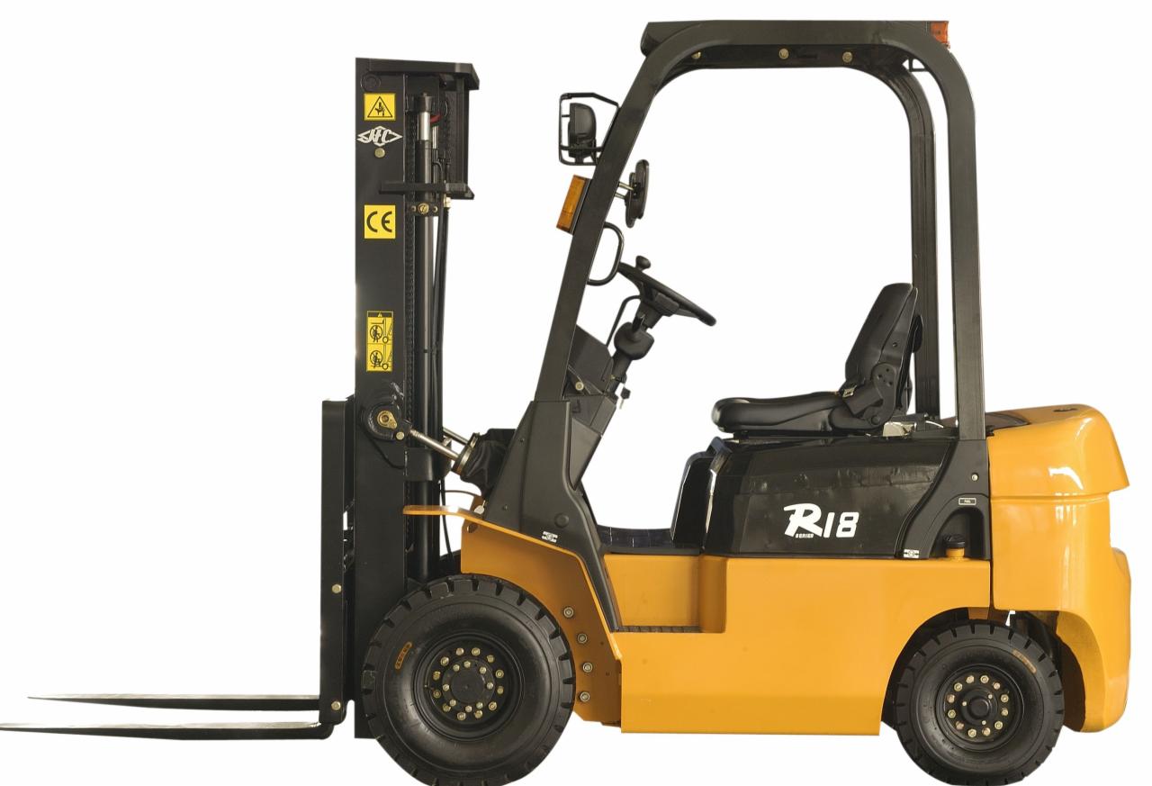 Żółto-czarny wózek widłowy z serii R18, widok z boku na białym tle, widoczne detale konstrukcyjne i oznaczenia bezpieczeństwa.