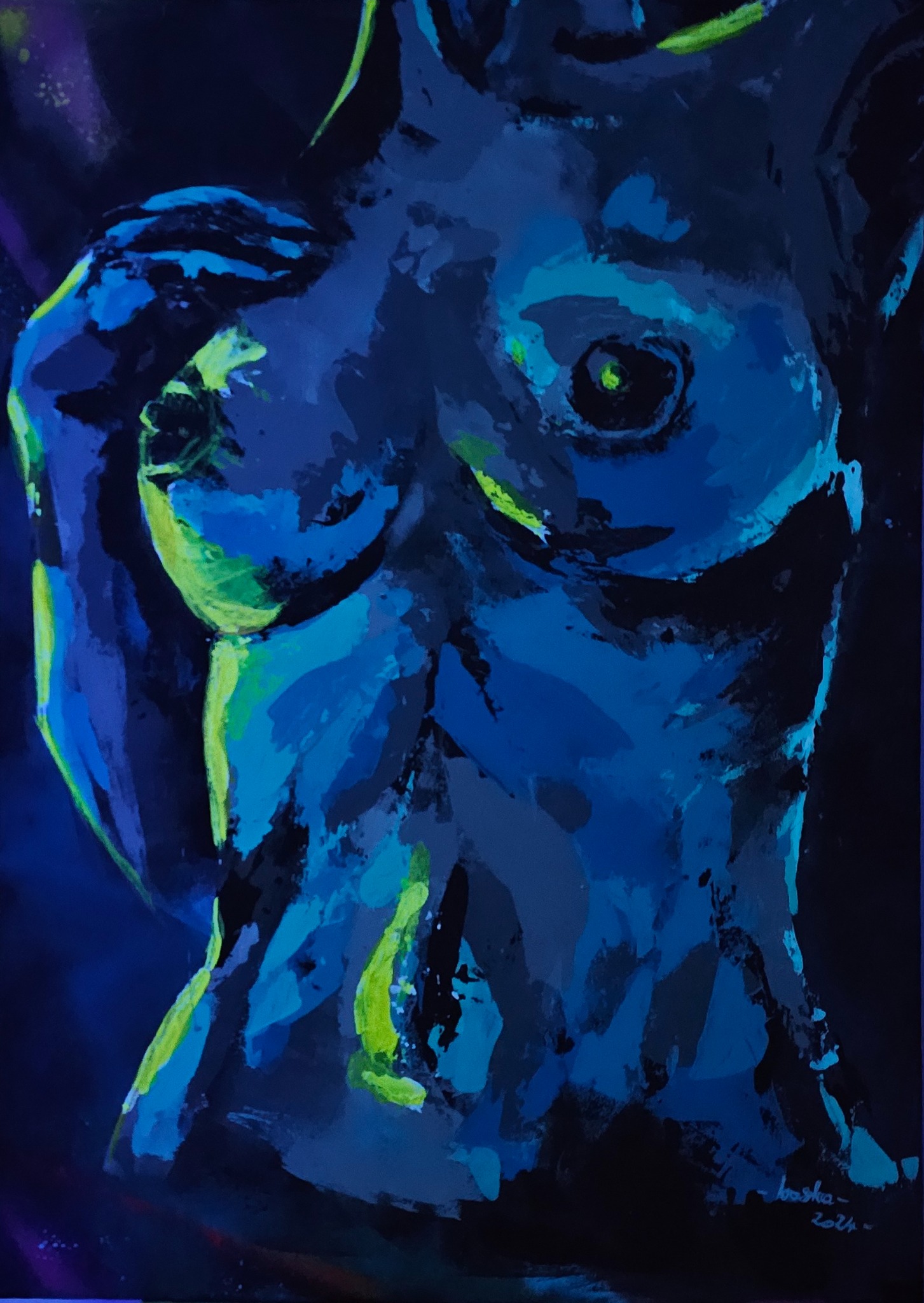 Płótno 50x70cm Obraz malowany szpachelka. Podświetlony niebieskim światłem LED świeci.