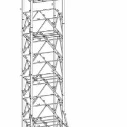Techniczny rysunek 3D wieży stalowej z platformą widokową, zawierający liczne wymiary i oznaczenia elementów konstrukcyjnych.