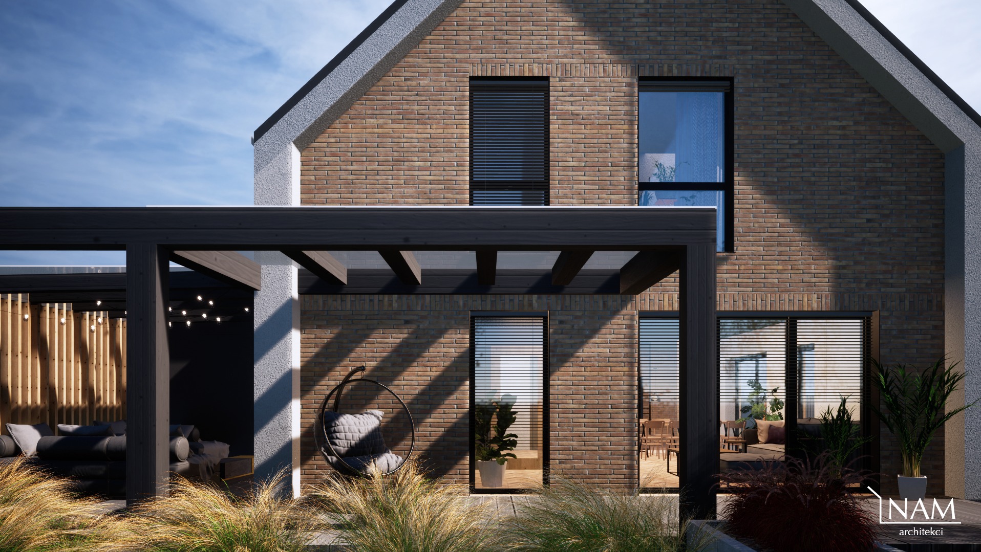 Wizualizacja domu z cegły klinkierowej w Krotoszynie, z pergolą, wiszącym fotelem i starannie zaaranżowanym ogrodem, widok z zewnątrz.