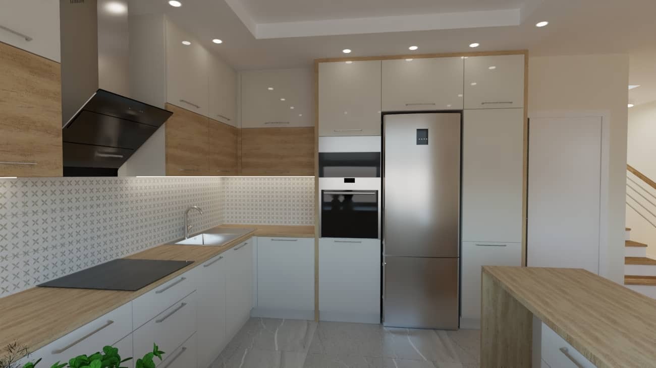 Wizualizacja kuchni z białymi szafkami i drewnianymi blatami, srebrna lodówka i czarny okap, wzorzysta ściana nad blatem, nowoczesne oświetlenie punktowe.