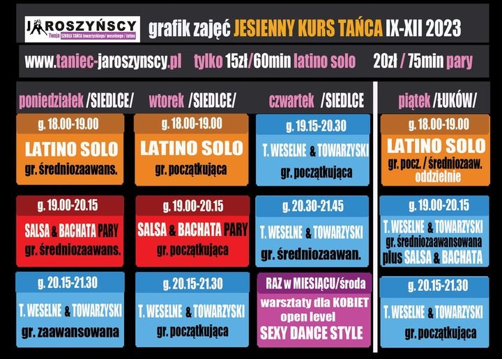 Grafik zajęć jesiennego kursu tańca, obejmujący latino solo, salsę, bachatę oraz taniec weselny i towarzyski, z podziałem na dni tygodnia, godziny i poziomy zaawansowania w Siedlcach i Łukowie.