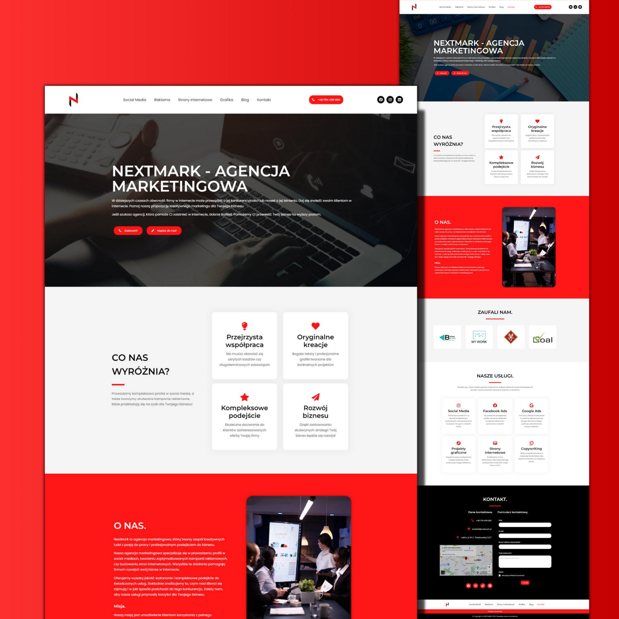Fragment strony internetowej agencji marketingowej Nextmark z nagłówkiem, menu i sekcją 'Co nas wyróżnia?', prezentujący przejrzystą współpracę, oryginalne kreacje, kompleksowe podejście i rozwój...