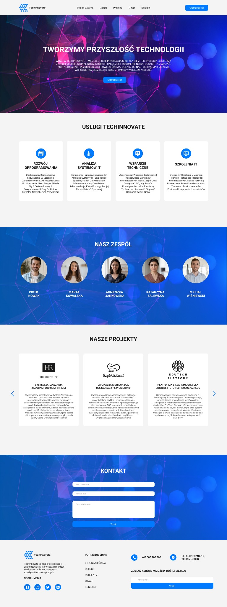 Strona internetowa firmy Techinnovate prezentująca usługi IT, rozwój oprogramowania, analizę systemów IT, wsparcie techniczne, szkolenia IT, zespół oraz portfolio projektów, z formularzem...