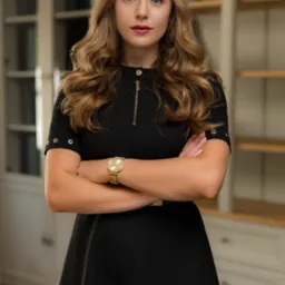 Portret kobiety adwokat w czarnej sukience z rękami skrzyżowanymi na tle regału z książkami w kancelarii